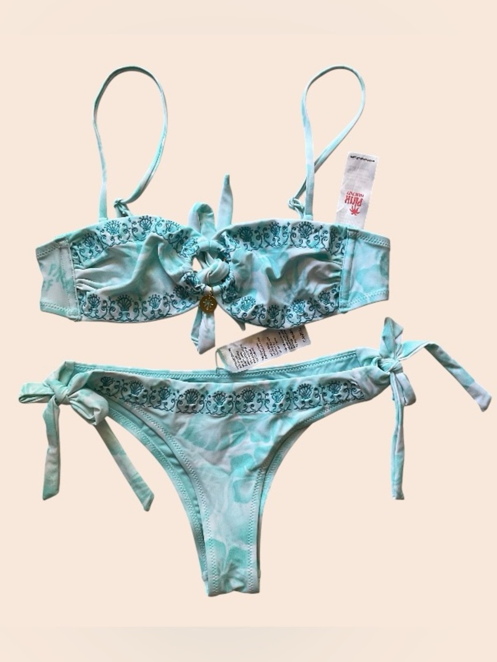 Pink Palm Puff Tie-Side Aqua Embroidered Bikini Set, XS
